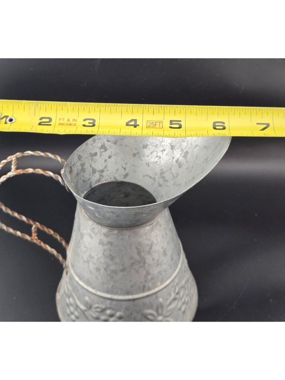 Galvanized Metal Pitcher With Embossed Floral Design & Twisted Handle - Picture 14 of 15